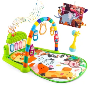 Baby Piano mat Kick and Play Multifunction Gym Play mat,Tummy time mat Baby Kicking Toys for feet with Pendant Rattle,Animal Shape Maracas,Playmate for Baby (Green)