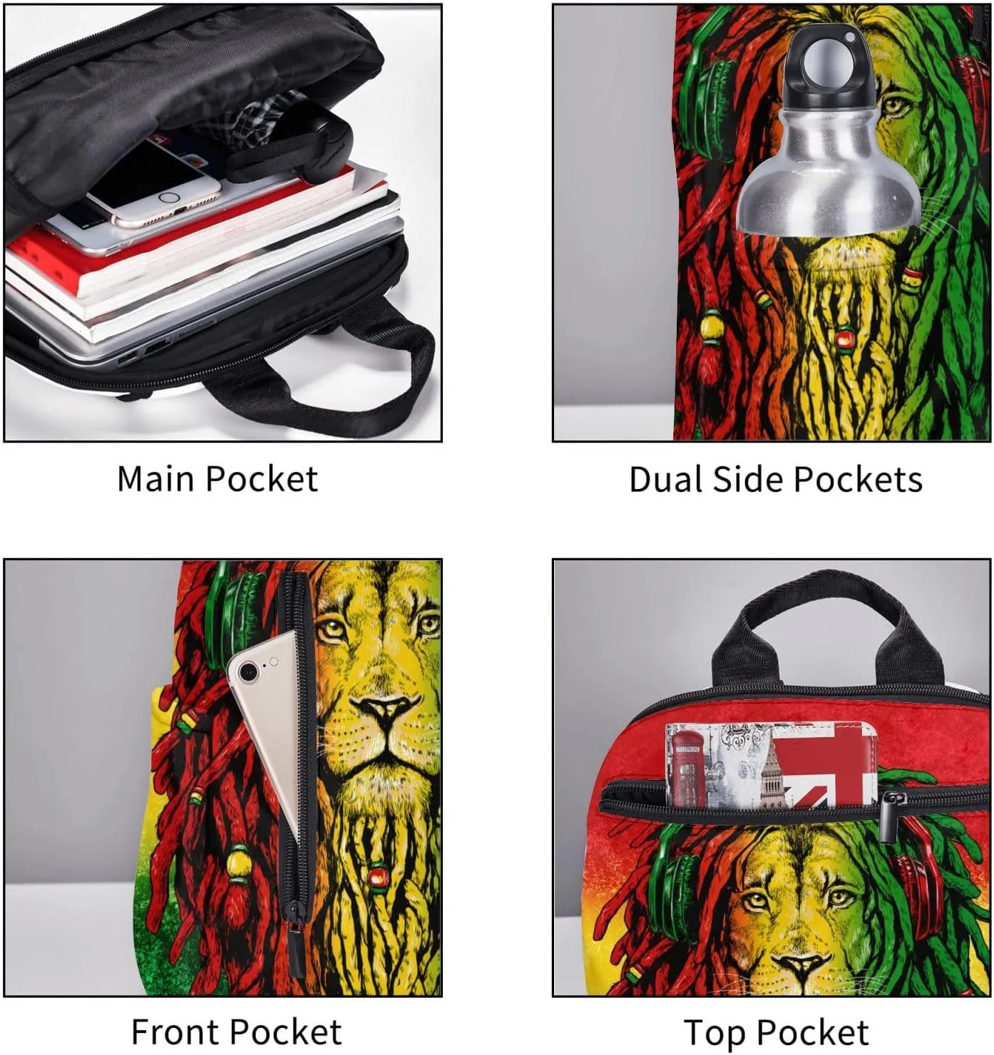 Backpack for Hiking, Travel jamaican rasta flag rastafarian reggae lion Bookbag