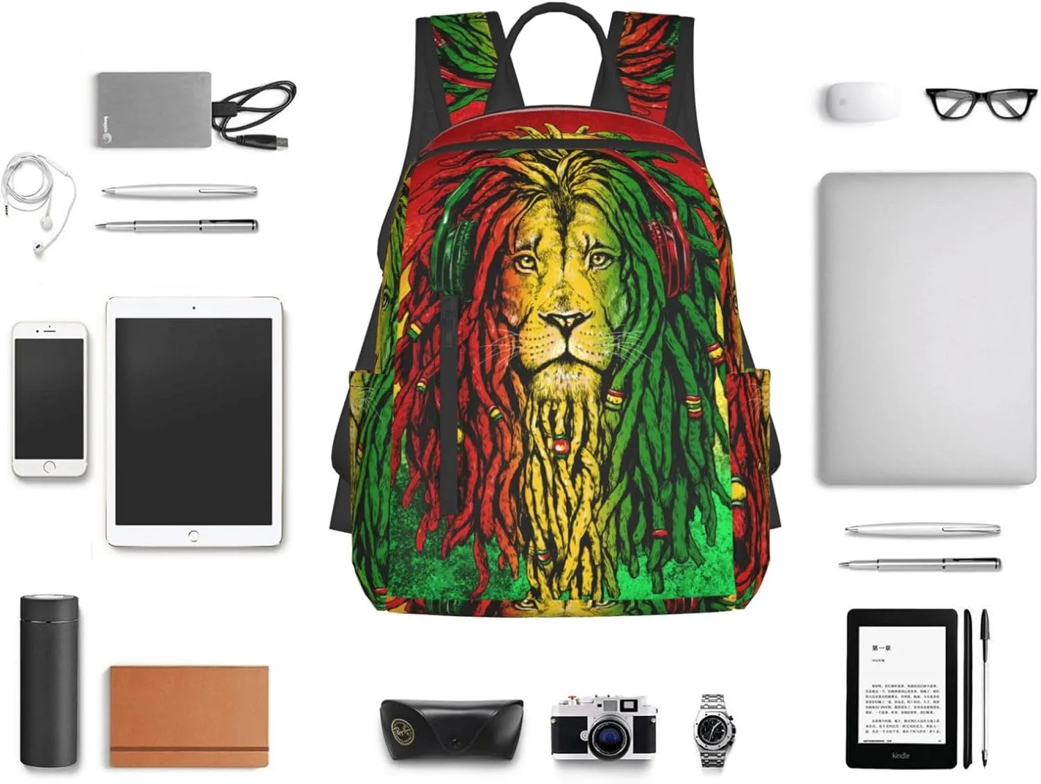 Backpack for Hiking, Travel jamaican rasta flag rastafarian reggae lion Bookbag