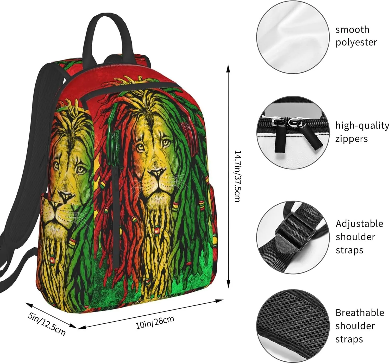 Backpack for Hiking, Travel jamaican rasta flag rastafarian reggae lion Bookbag