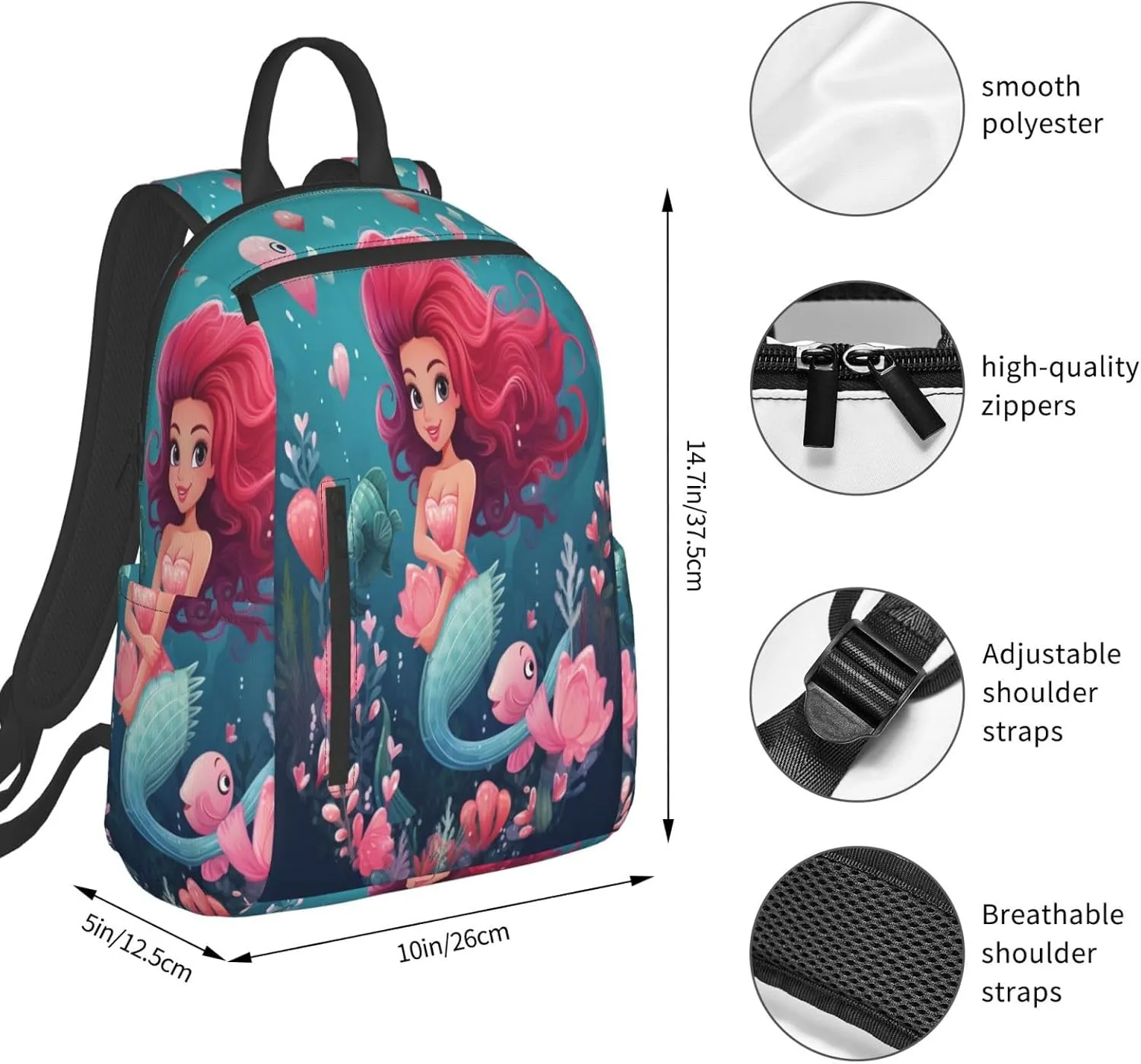 Backpack For Women Men Cute Sea Mermaid Bookbag Lightweight Travel Casual Daypack Water Resistant Outdoor Hiking Sport Rucksack