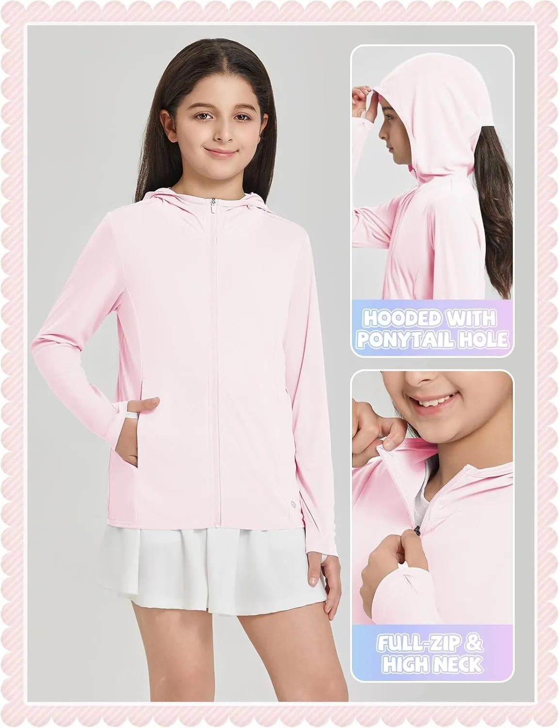 baleaf Girl's UPF 50  Rash Guard Sun Jacket Hoodie SPF UV Protection Full Zip Swim Shirts Long Sleeve for Kids