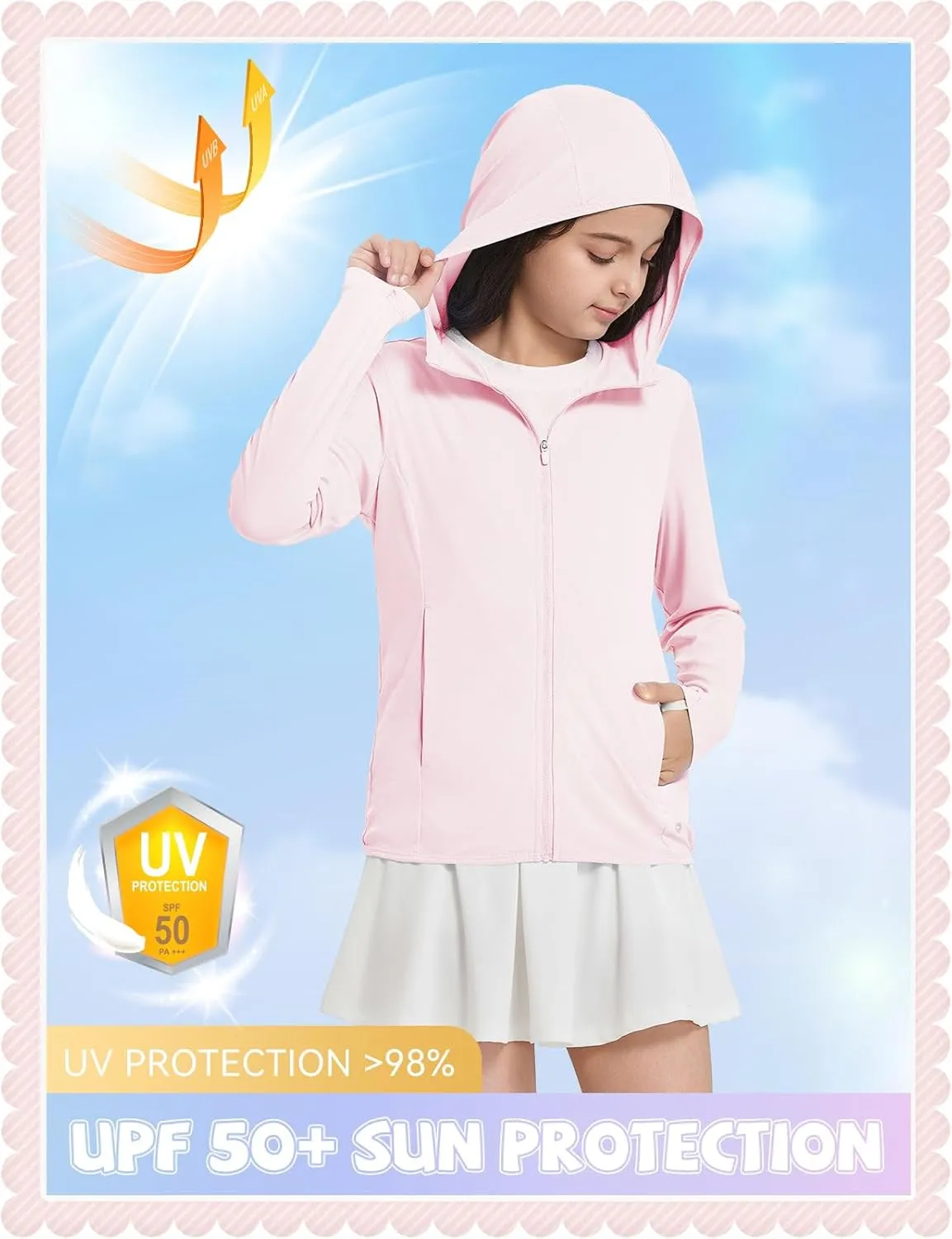baleaf Girl's UPF 50  Rash Guard Sun Jacket Hoodie SPF UV Protection Full Zip Swim Shirts Long Sleeve for Kids