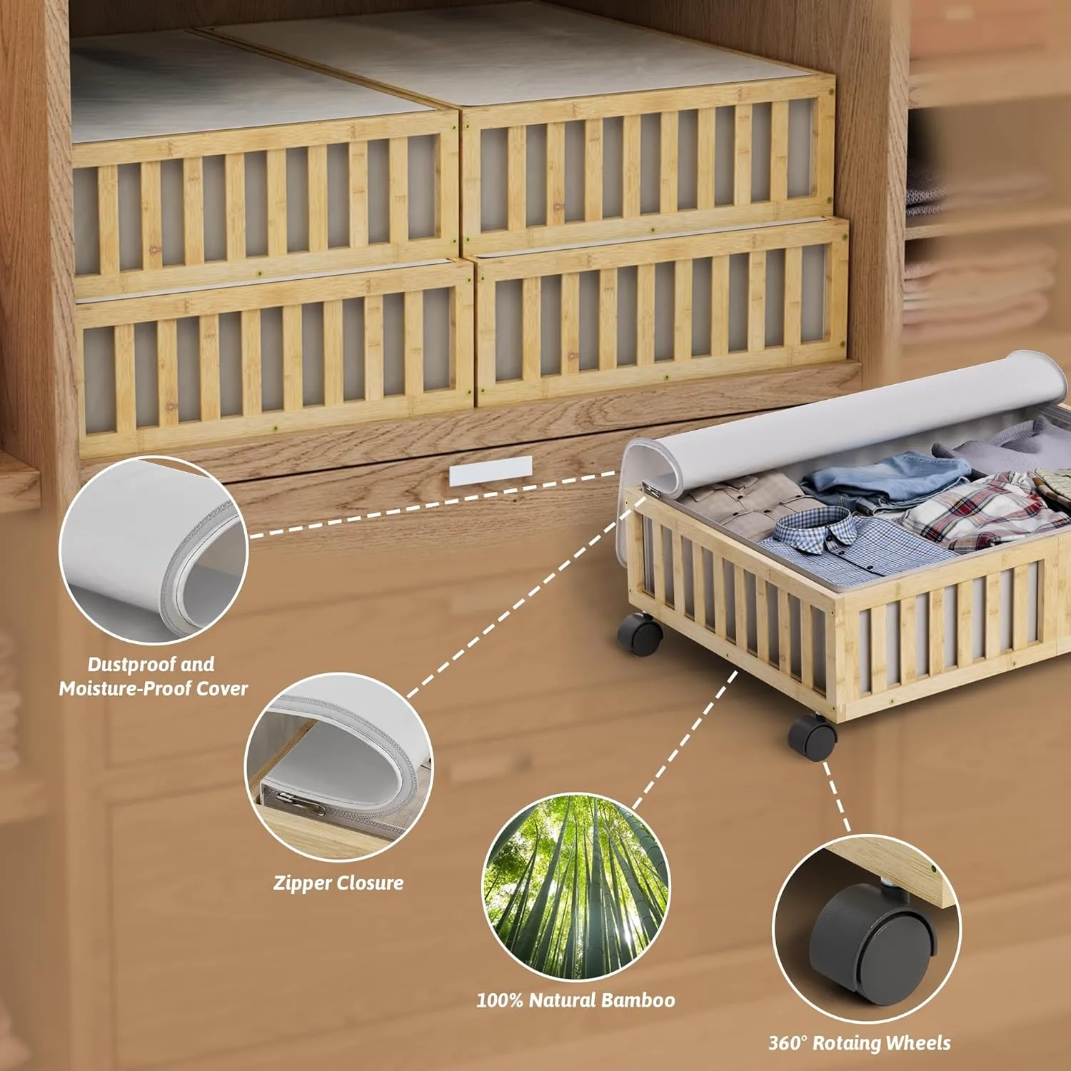 Bamboo Under Bed Storage Containers with Wheels, Rolling Under the Bed Shoe Storage Bins, Wood Stackable Underbed Drawers with Bag Organizer for Bedroom Closet Clothing Sweater Bedding Under Crib Toy