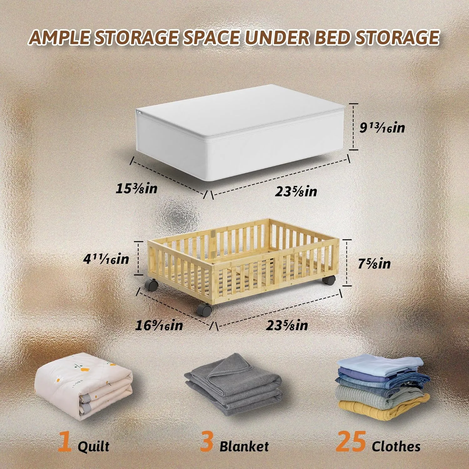 Bamboo Under Bed Storage Containers with Wheels, Rolling Under the Bed Shoe Storage Bins, Wood Stackable Underbed Drawers with Bag Organizer for Bedroom Closet Clothing Sweater Bedding Under Crib Toy