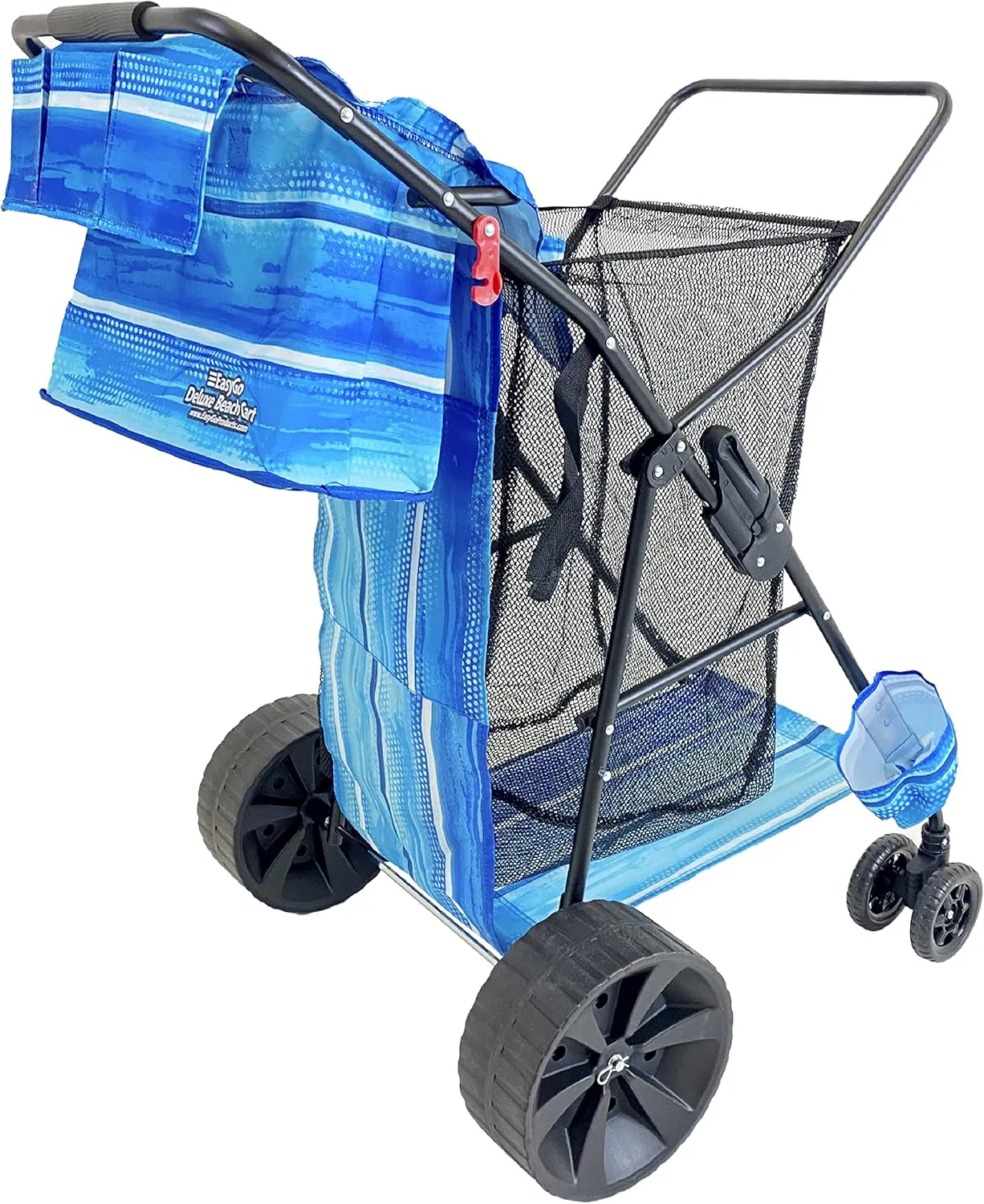Beach Cart Deluxe Heavy Duty Folding Ocean Utility Large Sand Wheels Holds 4 Folding Chairs Umbrella Holder Removable Storage Bag – Premium Blue Striped Pattern