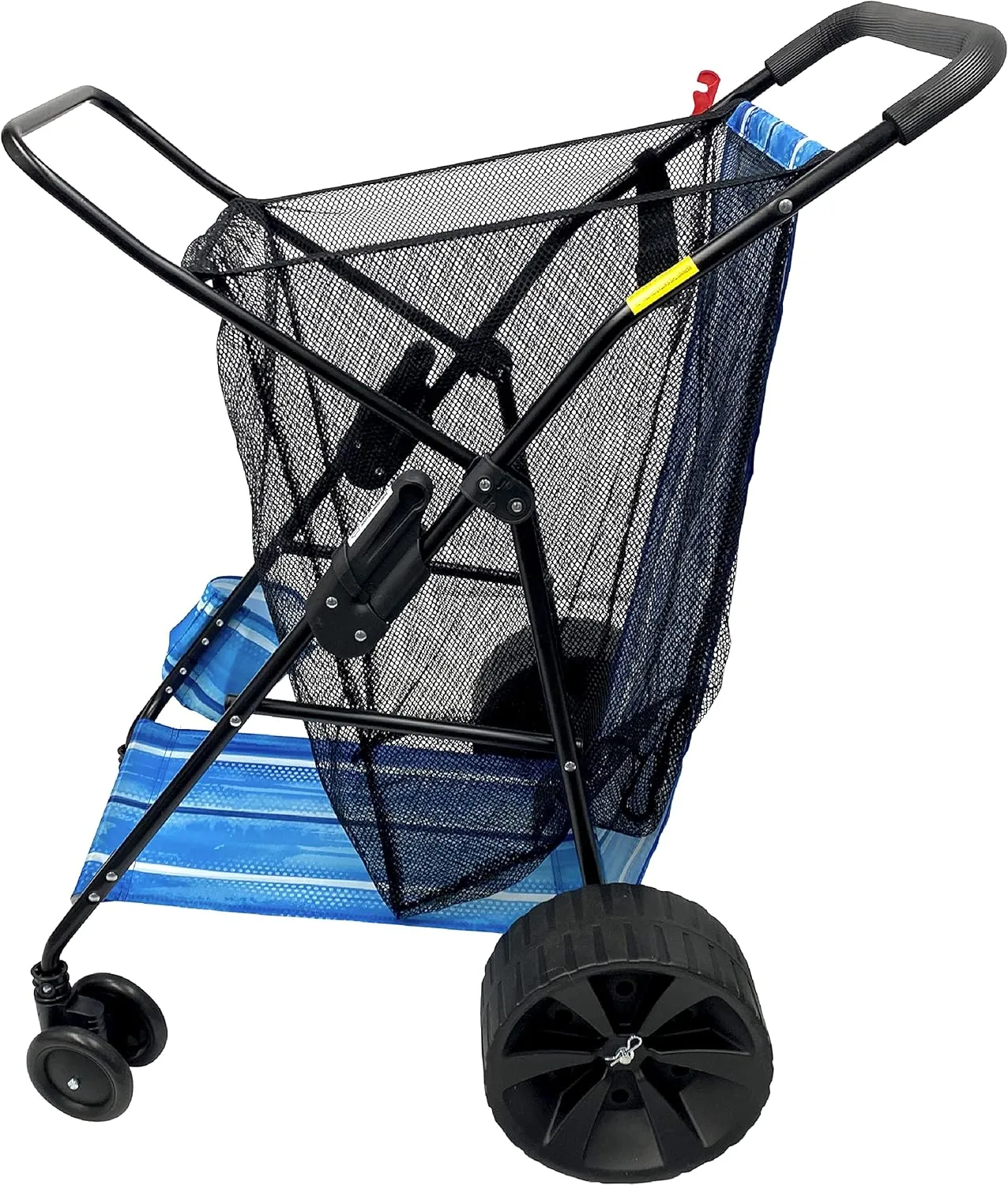 Beach Cart Deluxe Heavy Duty Folding Ocean Utility Large Sand Wheels Holds 4 Folding Chairs Umbrella Holder Removable Storage Bag – Premium Blue Striped Pattern