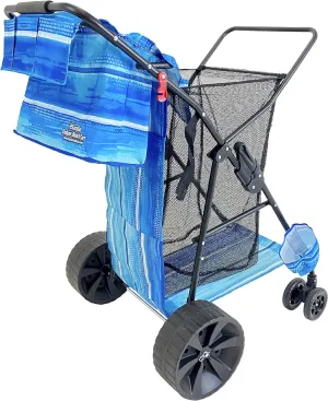 Beach Cart Deluxe Heavy Duty Folding Ocean Utility Large Sand Wheels Holds 4 Folding Chairs Umbrella Holder Removable Storage Bag – Premium Blue Striped Pattern