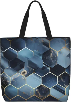 Beach Tote Bag for Women Grocery Bag Reusable Aesthetic Shopping Bags Blue Hexagons and Diamonds Handbag