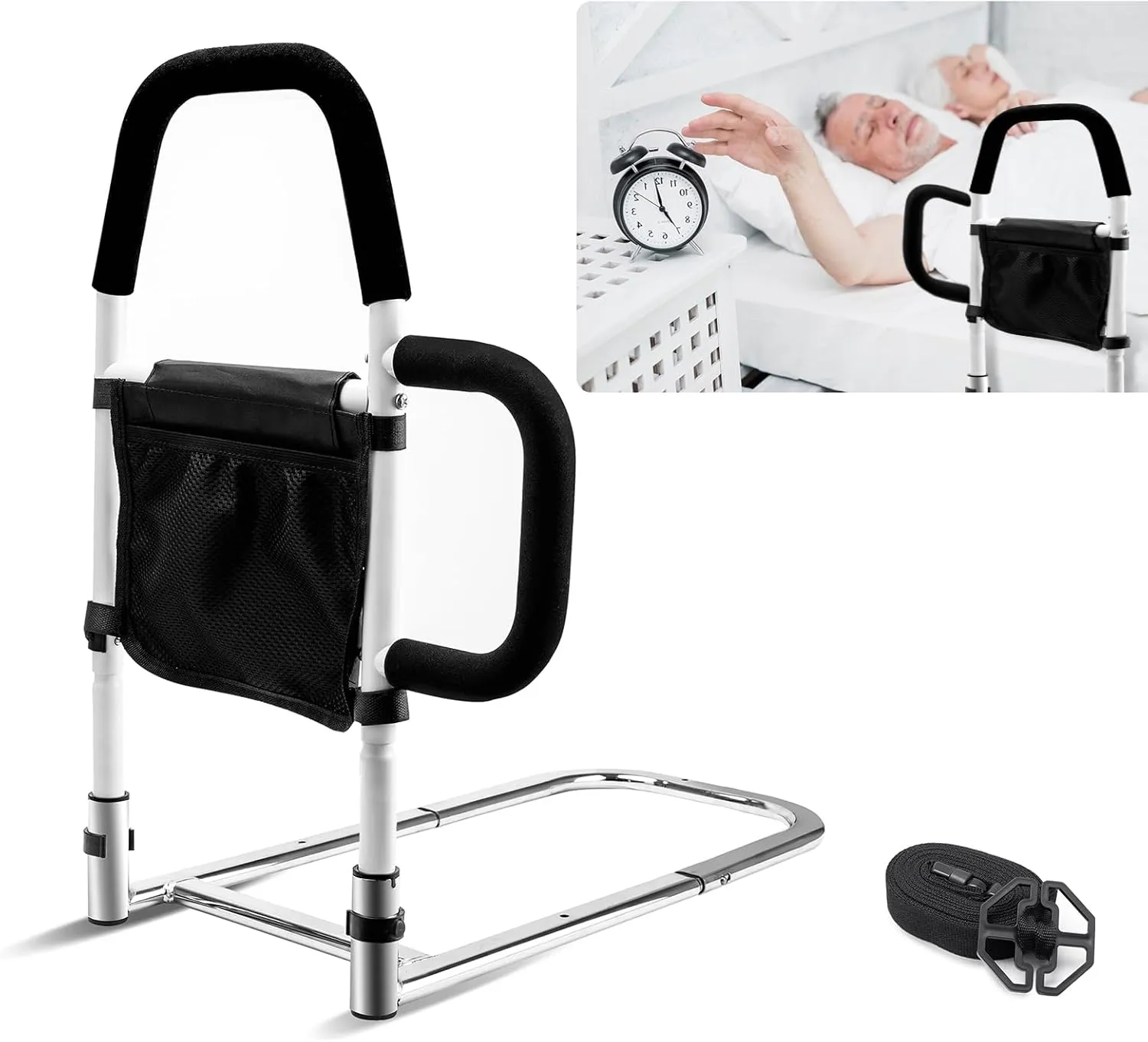 Bed Rails for Elderly Adults Safety-Bed Assist Rail with Double Grab Bars & Fall Prevention Guard & Storage Pocket Fits King, Queen, Full, Twin, Support Up to 300lbs,Height 25.6'' (Double Grab Bars)