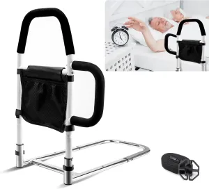 Bed Rails for Elderly Adults Safety-Bed Assist Rail with Double Grab Bars & Fall Prevention Guard & Storage Pocket Fits King, Queen, Full, Twin, Support Up to 300lbs,Height 25.6'' (Double Grab Bars)