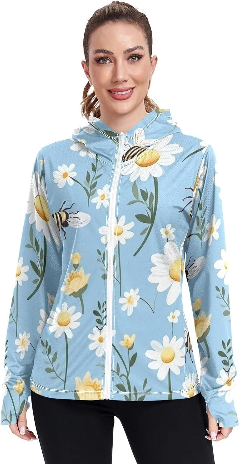 Bee with Daisy Flowers Uv Light Clothing, UPF 50  Women Rash Guard Long Sleeve, S-XXL