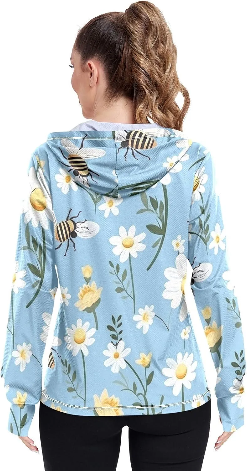 Bee with Daisy Flowers Uv Light Clothing, UPF 50  Women Rash Guard Long Sleeve, S-XXL