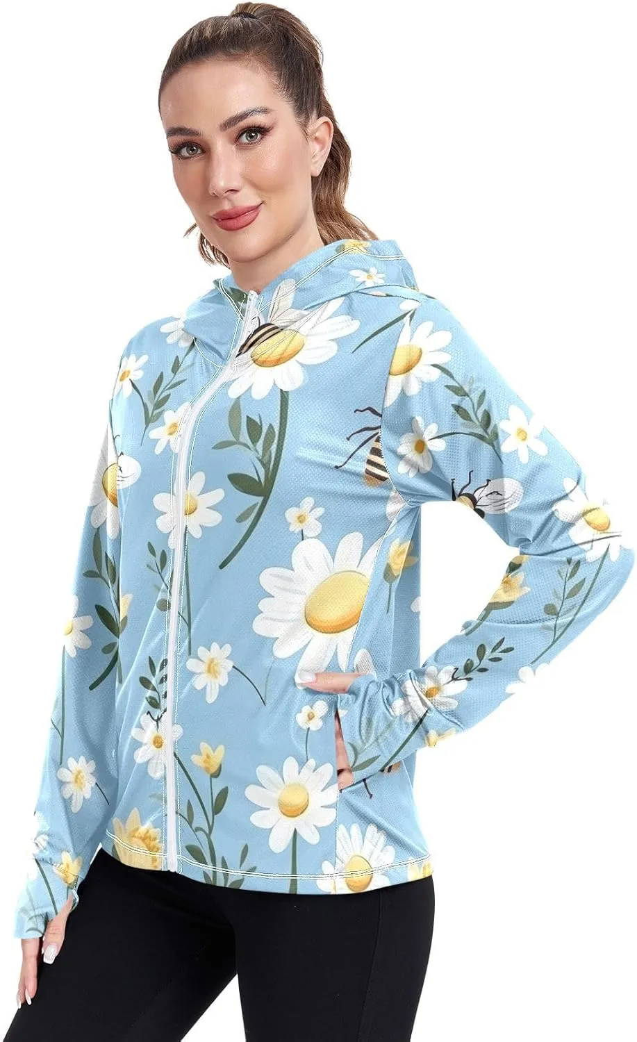 Bee with Daisy Flowers Uv Light Clothing, UPF 50  Women Rash Guard Long Sleeve, S-XXL