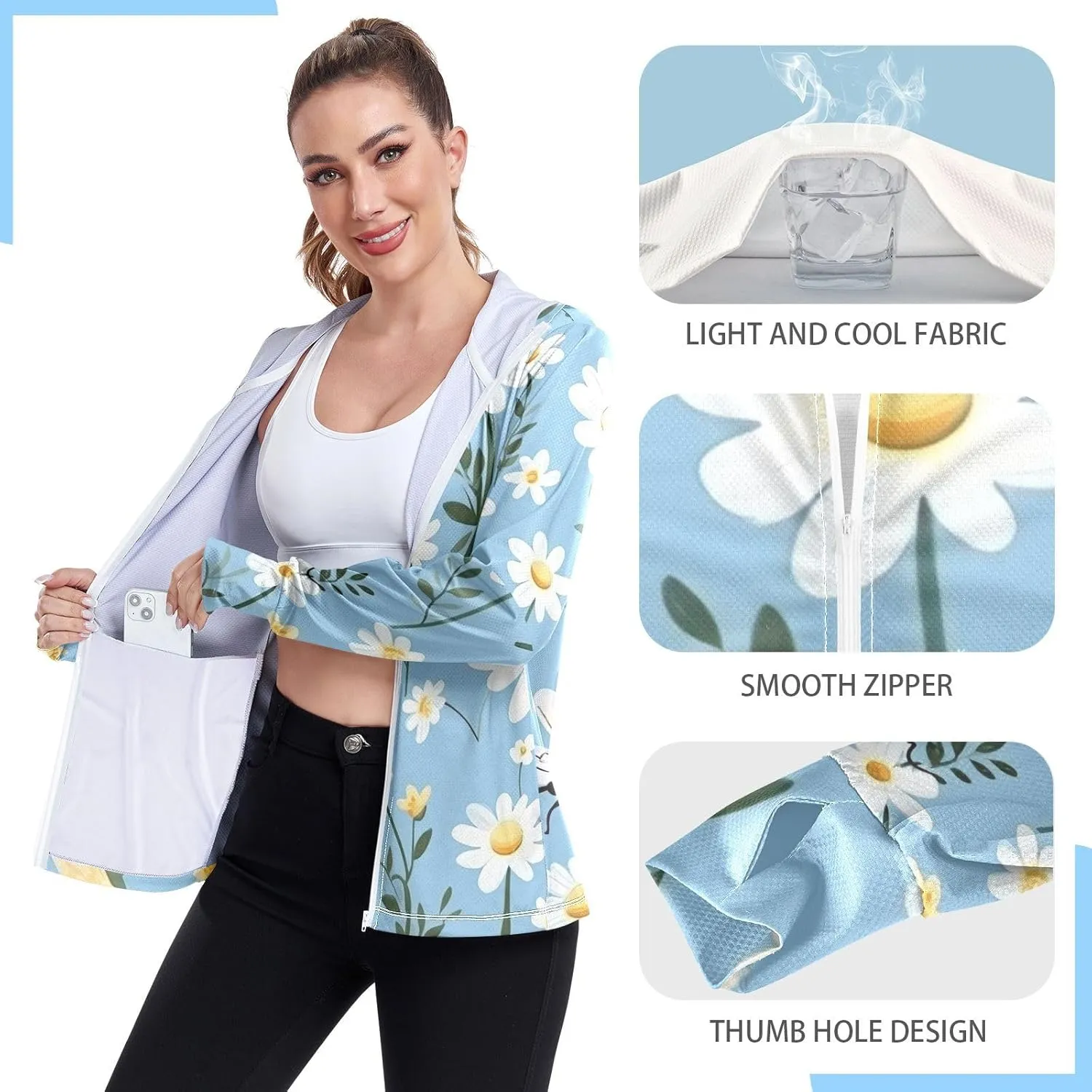 Bee with Daisy Flowers Uv Light Clothing, UPF 50  Women Rash Guard Long Sleeve, S-XXL