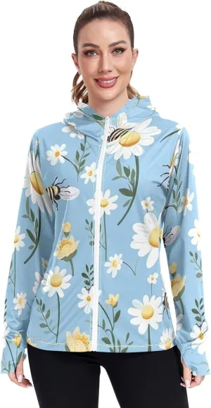 Bee with Daisy Flowers Uv Light Clothing, UPF 50  Women Rash Guard Long Sleeve, S-XXL