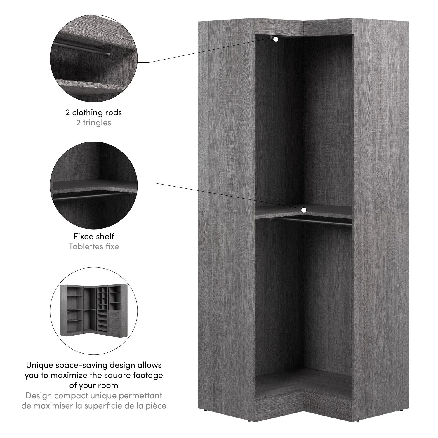 Bestar Pur 33 W Corner Closet Organizer - Bark Grey|Organisateur de garde-robe en coin Pur de Bestar de 33 po (L) - gris écorce
