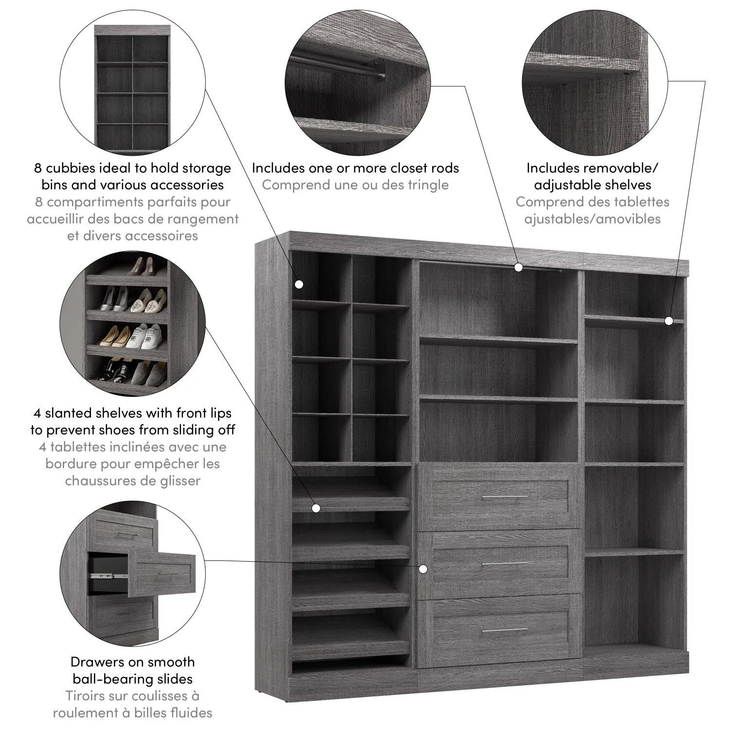 Bestar Pur 86 W Closet Organizer System - Bark Grey|Système d’organisateur de garde-robe Pur de Bestar de 86 po (L) - gris écorce