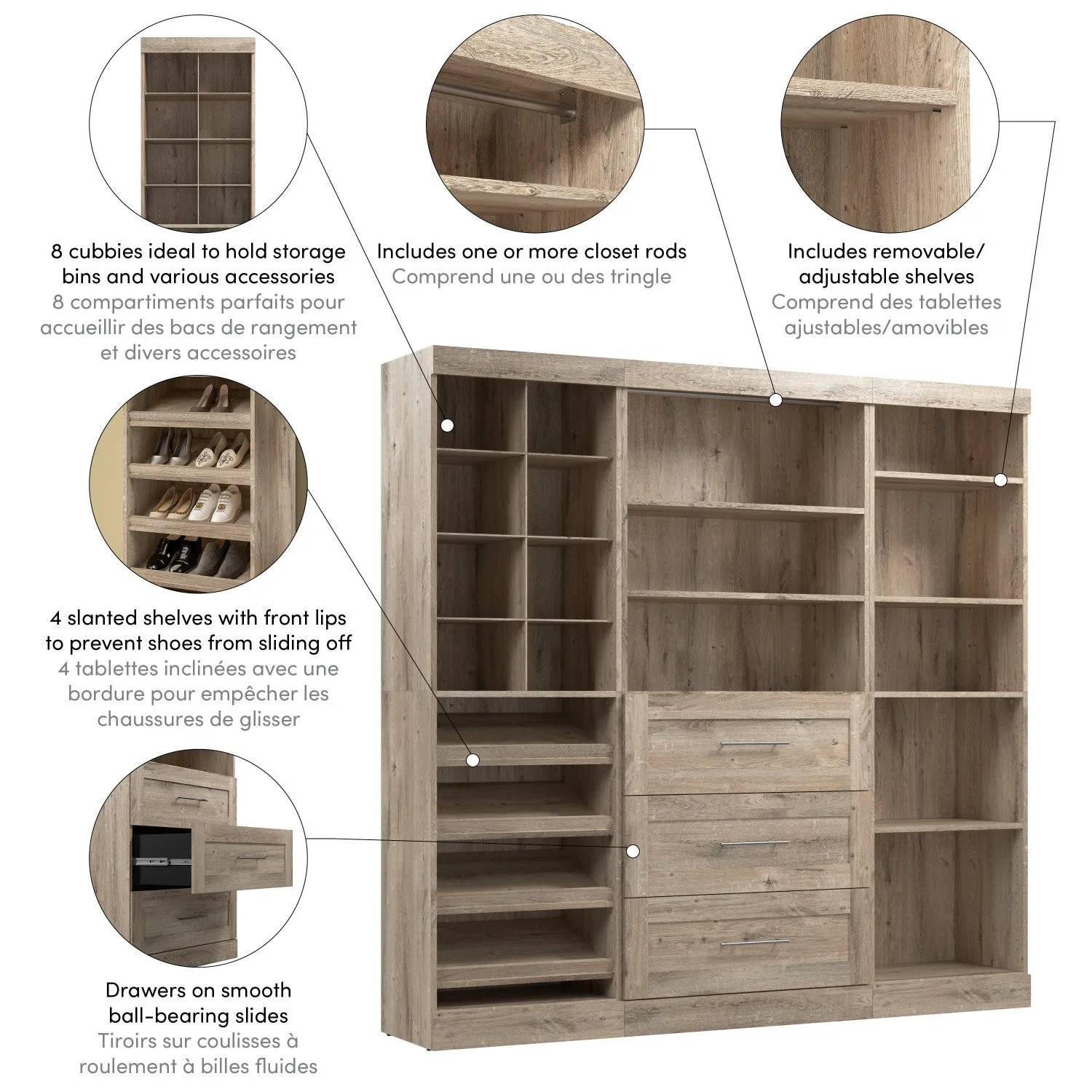 Bestar Pur 86 W Closet Organizer System - Rustic Brown|Système d’organisateur de garde-robe Pur de Bestar de 86 po (L) - brun rustique
