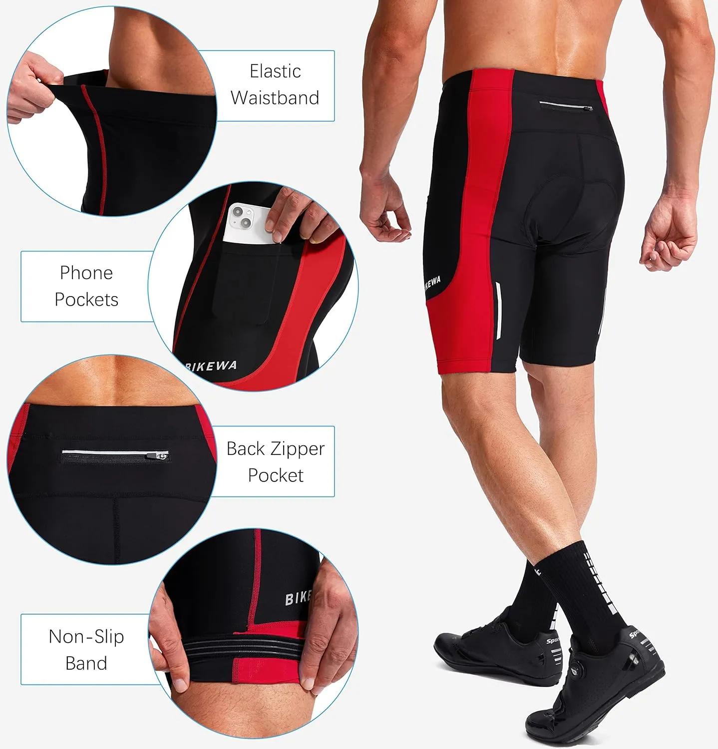 Bikewa Men's Bike Shorts 3D Padded Cycling Road Biking Mountain Riding Biker Bicycle UPF 50  Cycle Shorts Zipper Pockets