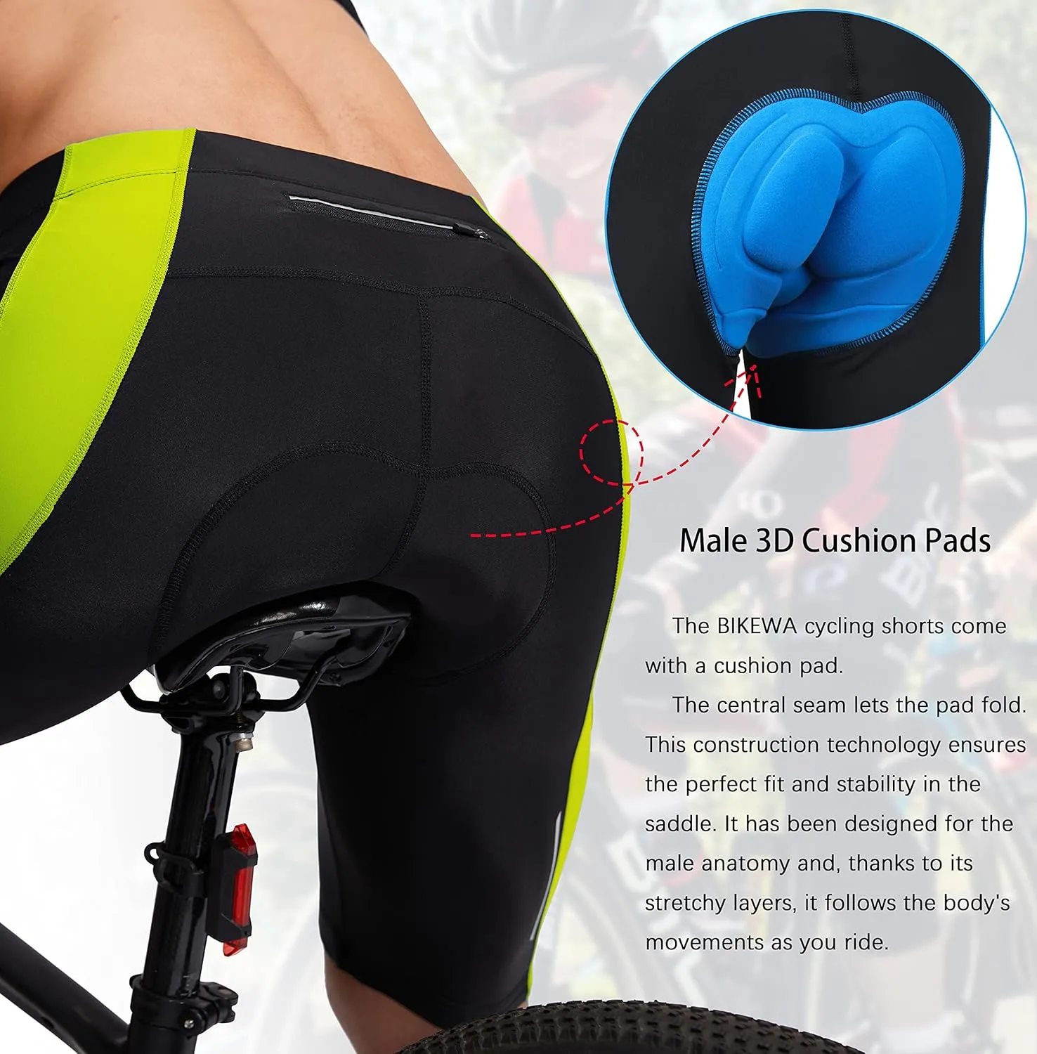 Bikewa Men's Bike Shorts 3D Padded Cycling Road Biking Mountain Riding Biker Bicycle UPF 50  Cycle Shorts Zipper Pockets