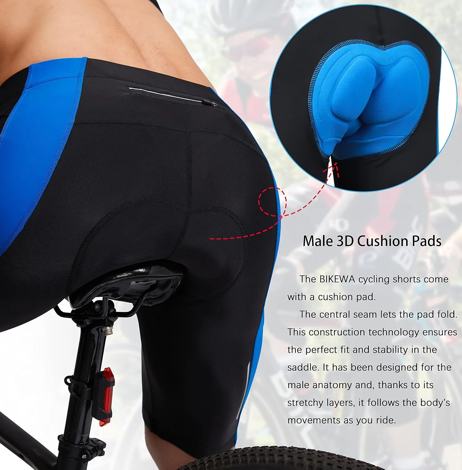 Bikewa Men's Bike Shorts 3D Padded Cycling Road Biking Mountain Riding Biker Bicycle UPF 50  Cycle Shorts Zipper Pockets