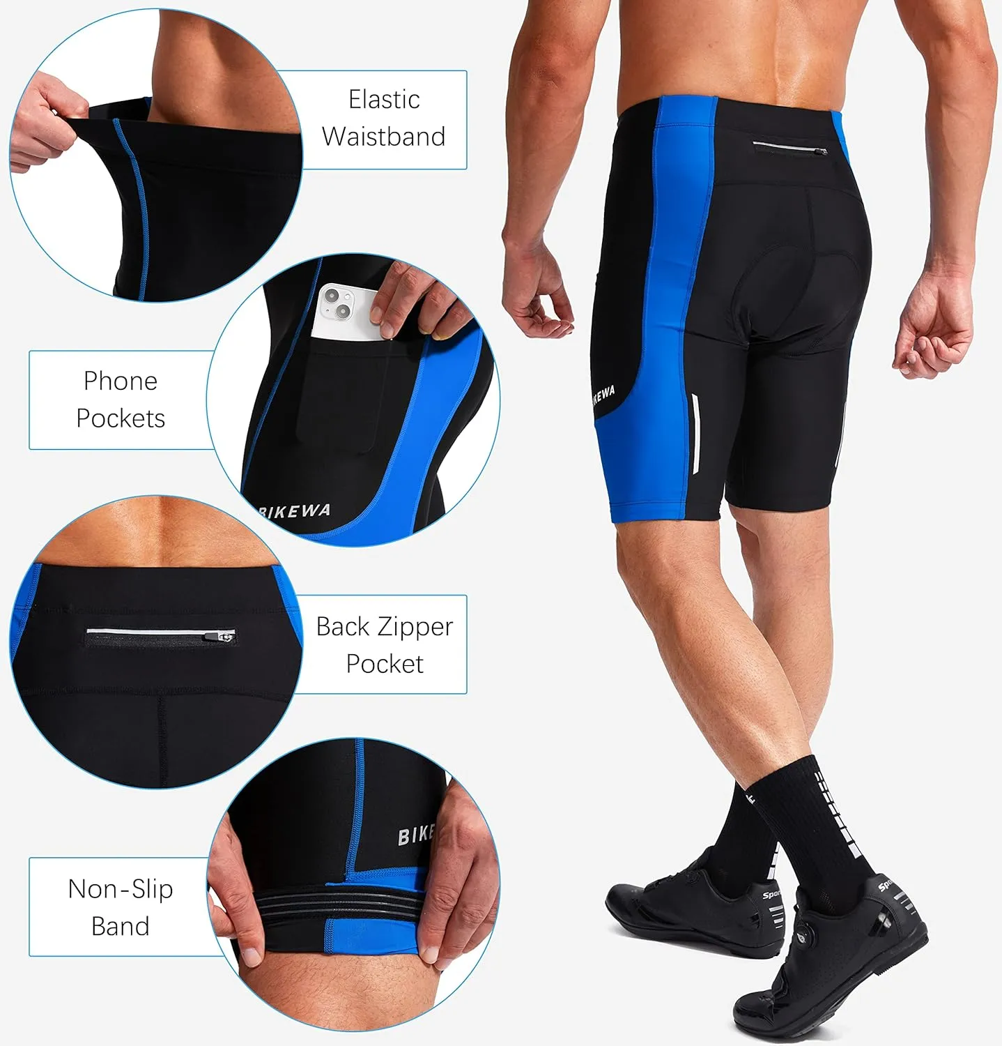 Bikewa Men's Bike Shorts 3D Padded Cycling Road Biking Mountain Riding Biker Bicycle UPF 50  Cycle Shorts Zipper Pockets