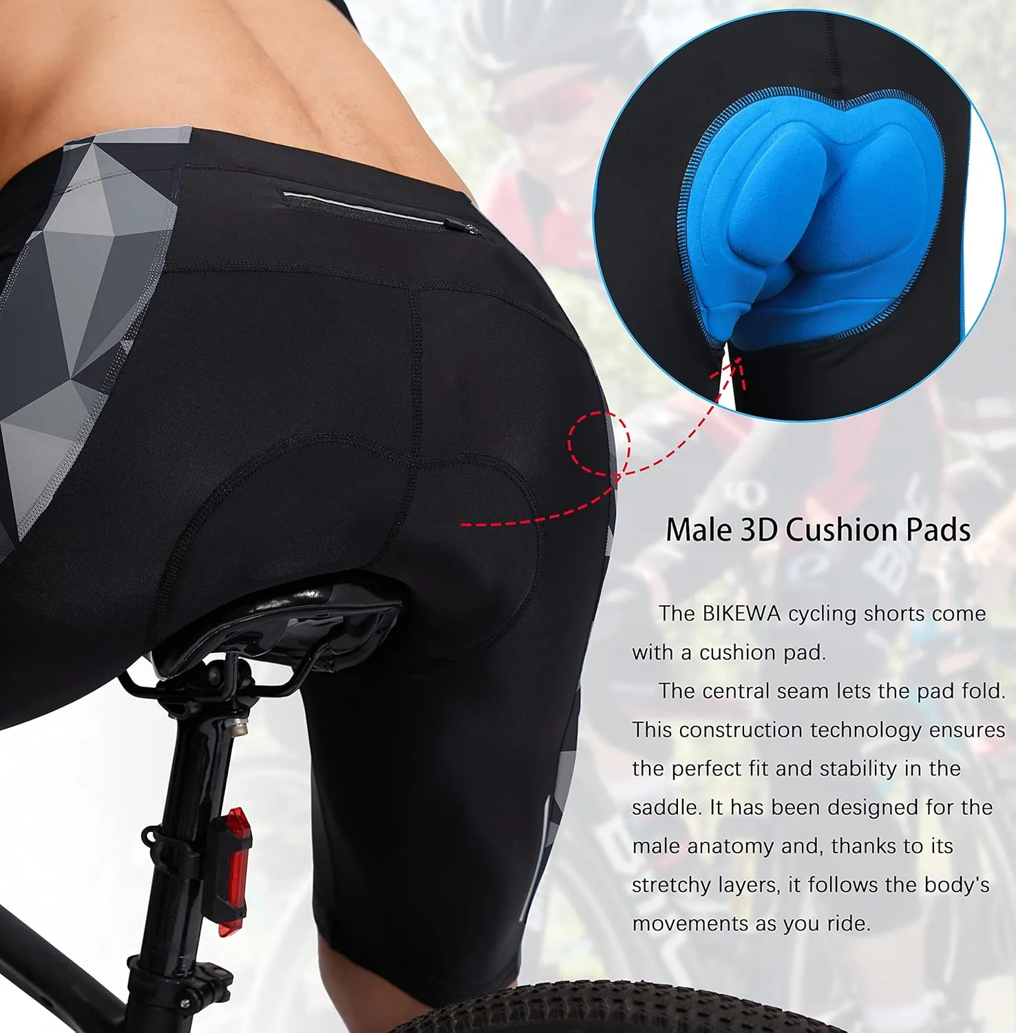 Bikewa Men's Bike Shorts 3D Padded Cycling Road Biking Mountain Riding Biker Bicycle UPF 50  Cycle Shorts Zipper Pockets