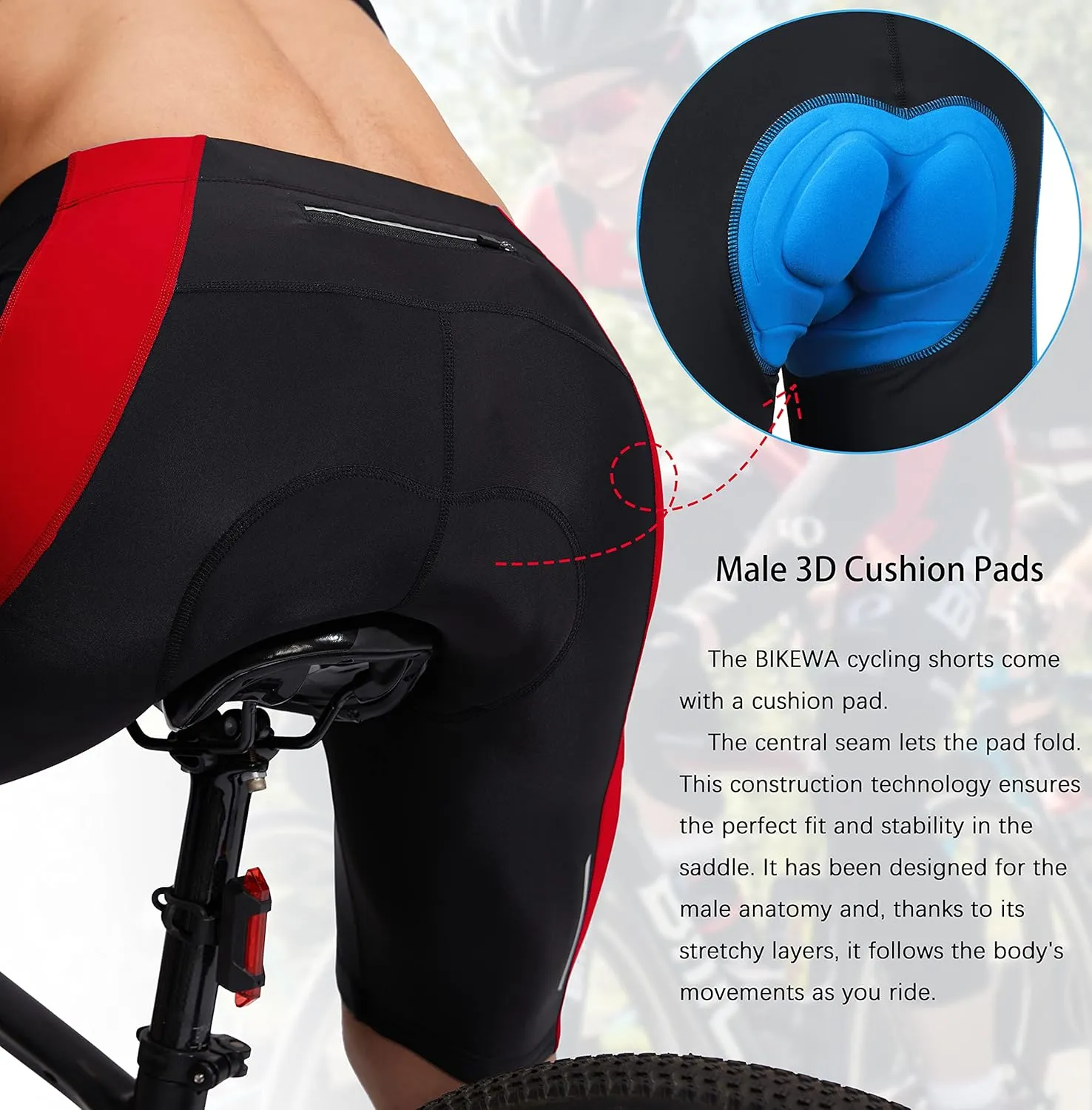 Bikewa Men's Bike Shorts 3D Padded Cycling Road Biking Mountain Riding Biker Bicycle UPF 50  Cycle Shorts Zipper Pockets
