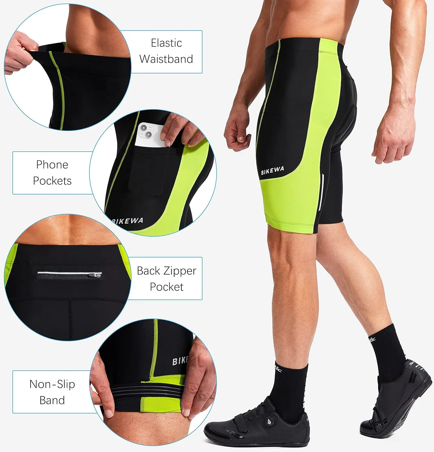 Bikewa Men's Bike Shorts 3D Padded Cycling Road Biking Mountain Riding Biker Bicycle UPF 50  Cycle Shorts Zipper Pockets
