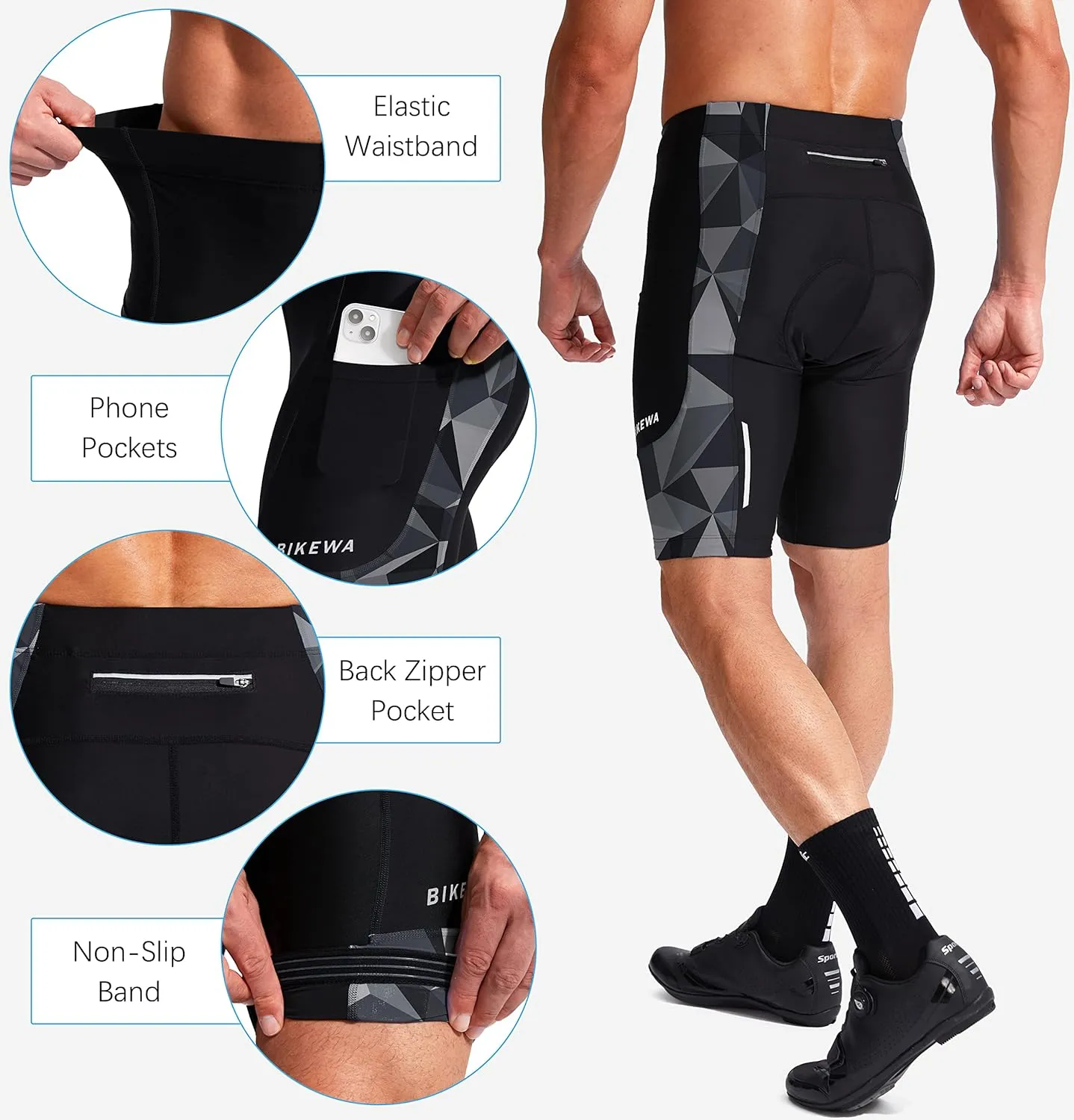 Bikewa Men's Bike Shorts 3D Padded Cycling Road Biking Mountain Riding Biker Bicycle UPF 50  Cycle Shorts Zipper Pockets