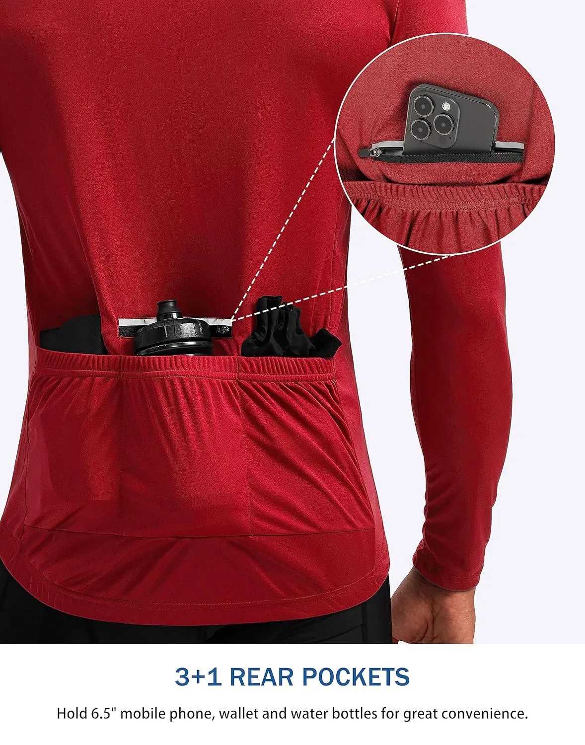 Bikewa Men's Cycling Jersey with 3 1 Rear Zipper Pockets Long Sleeve Moisture Wicking UPF 50  Half Zip Riding Bike Shirts