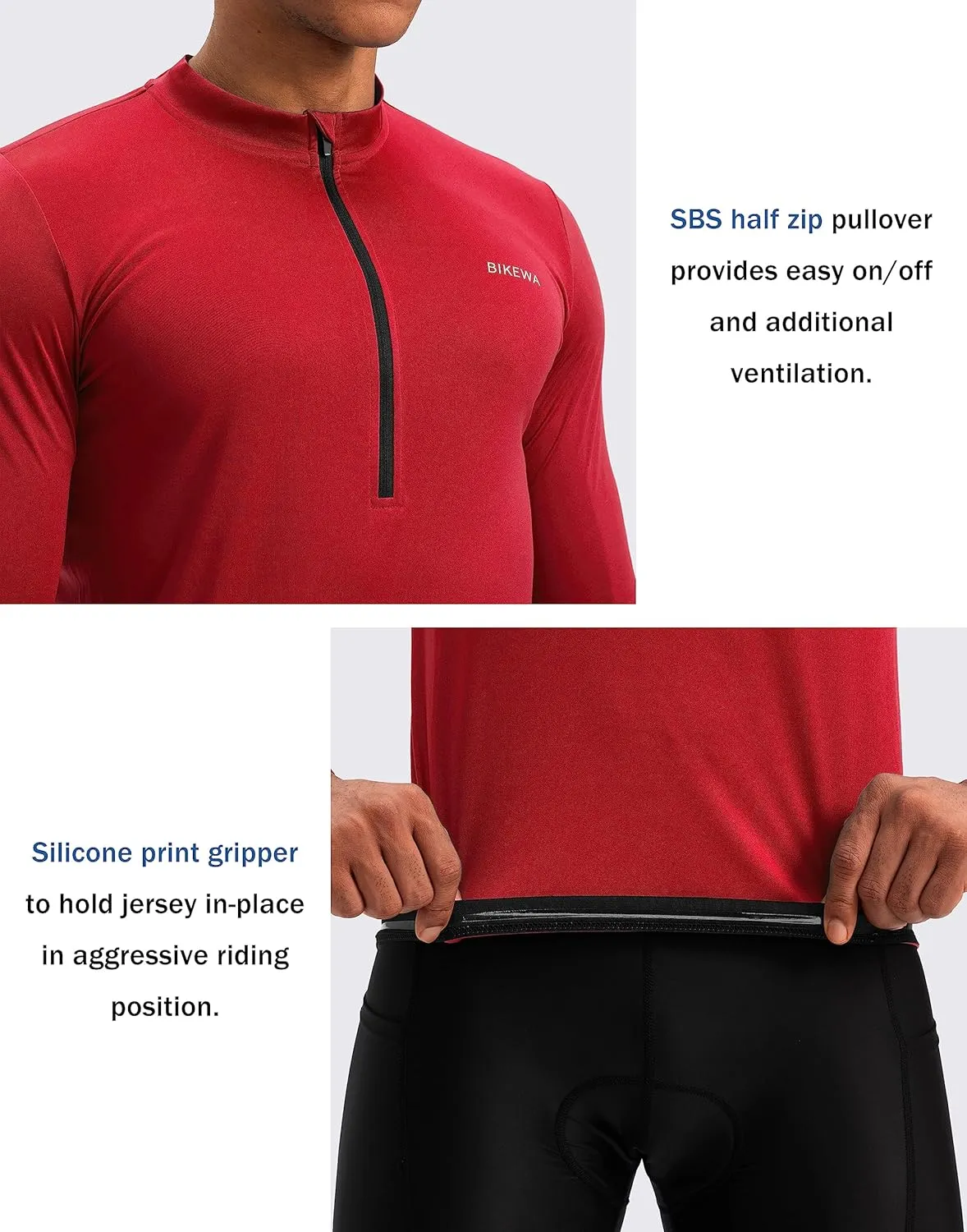 Bikewa Men's Cycling Jersey with 3 1 Rear Zipper Pockets Long Sleeve Moisture Wicking UPF 50  Half Zip Riding Bike Shirts