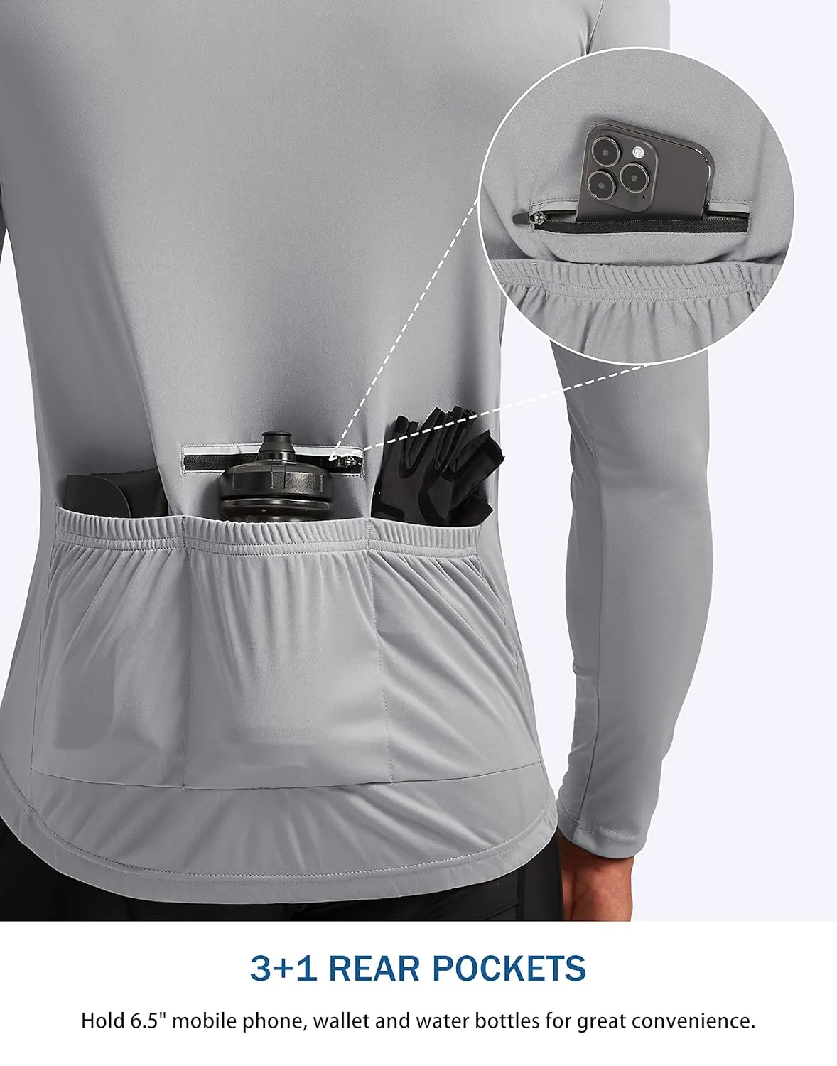 Bikewa Men's Cycling Jersey with 3 1 Rear Zipper Pockets Long Sleeve Moisture Wicking UPF 50  Half Zip Riding Bike Shirts