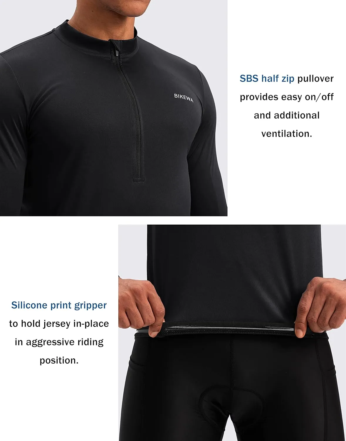 Bikewa Men's Cycling Jersey with 3 1 Rear Zipper Pockets Long Sleeve Moisture Wicking UPF 50  Half Zip Riding Bike Shirts