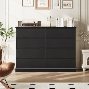 Black 8 Drawer Dressers for Bedroom, Chest of Drawers with Deep Drawers, Large Double Dresser for Closet with Wide Top, Horizontal Wooden Dresser for Living Room, Hallway, Kids Room