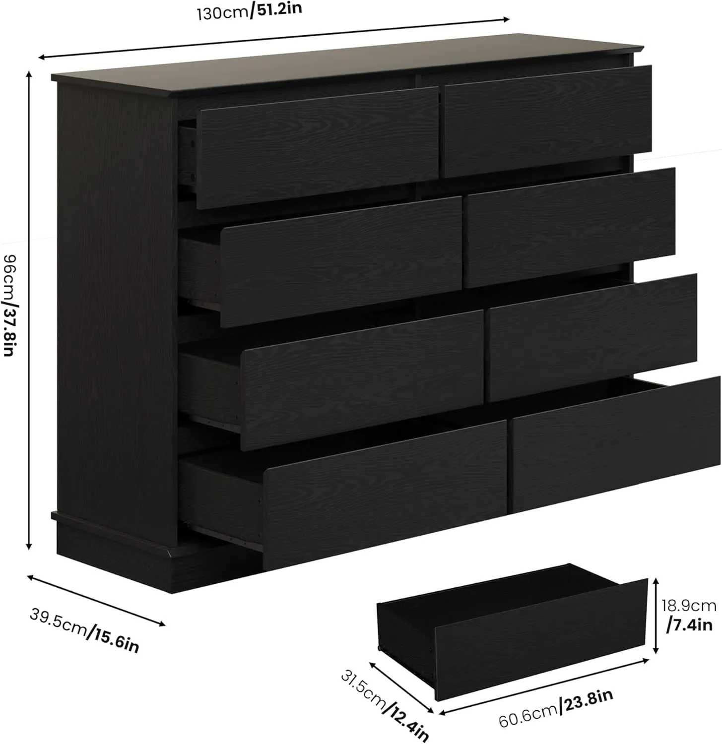Black 8 Drawer Dressers for Bedroom, Chest of Drawers with Deep Drawers, Large Double Dresser for Closet with Wide Top, Horizontal Wooden Dresser for Living Room, Hallway, Kids Room