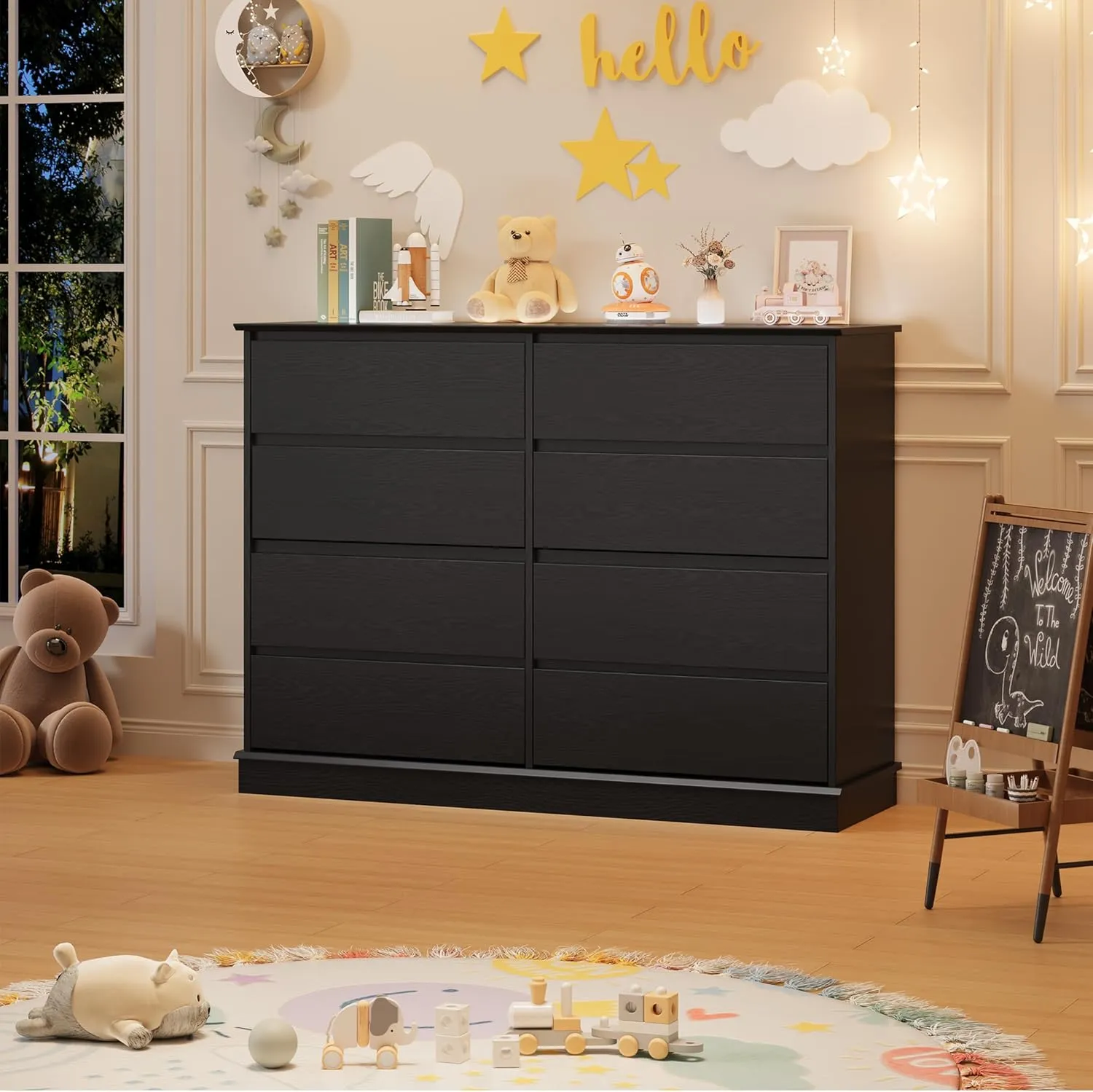 Black 8 Drawer Dressers for Bedroom, Chest of Drawers with Deep Drawers, Large Double Dresser for Closet with Wide Top, Horizontal Wooden Dresser for Living Room, Hallway, Kids Room