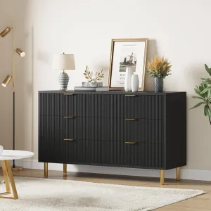 Black Dresser, Modern 6 Drawer Dresser for Bedroom with Gold Handle and Large Drawer, Wood Double Chest of Drawers and Storage Organizer for Living Room, Hallway, Entryway