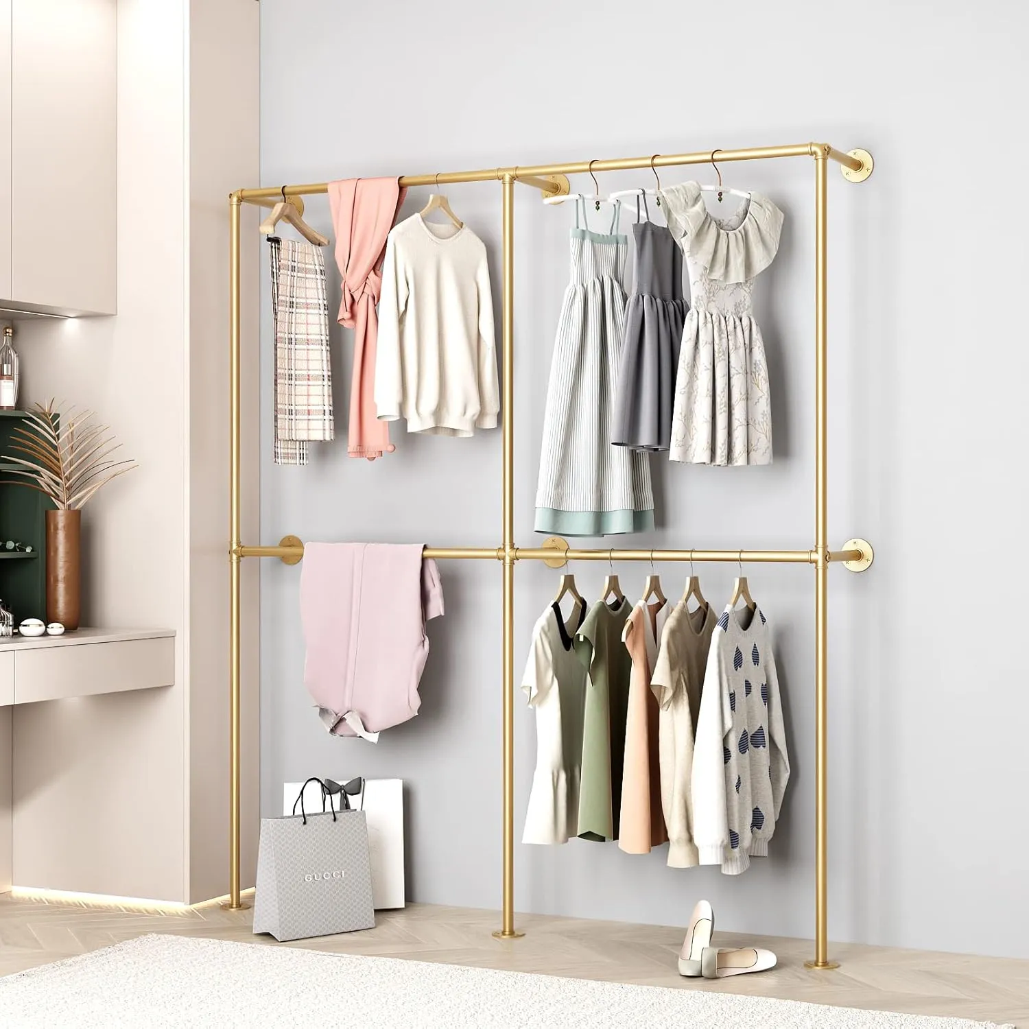 BOSURU Industrial Pipe Clothing Rack Wall Mounted,Clothes Racks with Double Hanging Rods for Closet Storage(Gold)