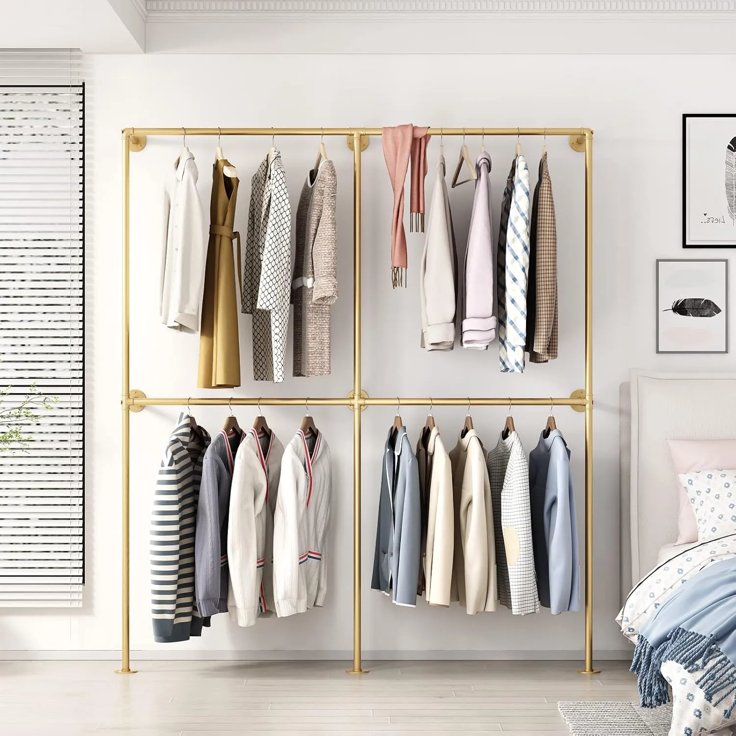BOSURU Industrial Pipe Clothing Rack Wall Mounted,Clothes Racks with Double Hanging Rods for Closet Storage(Gold)