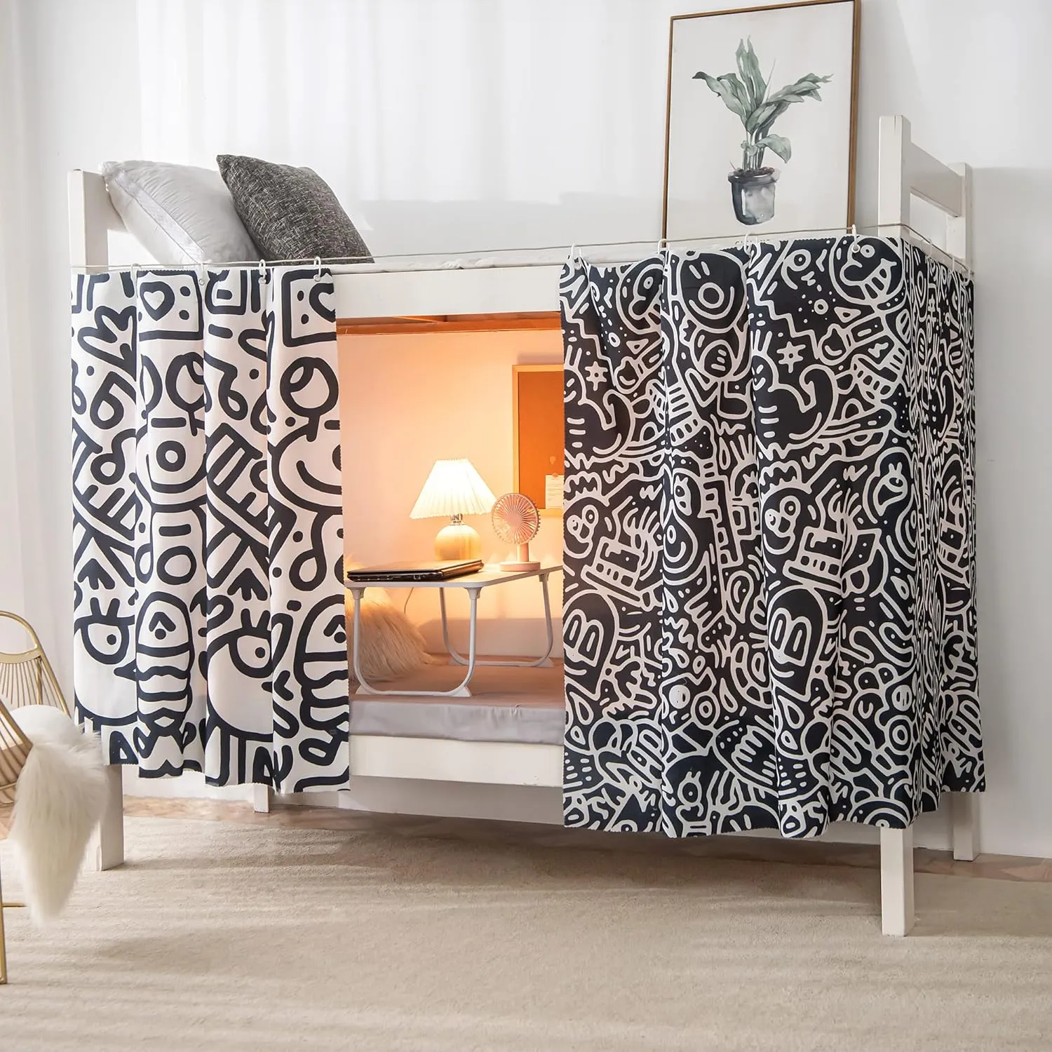 Bottom Bunk Bed Curtains Privacy Cloth Underbed Curtains for Low Loft Bed Single, 2 Panels,Black and White Graffiti