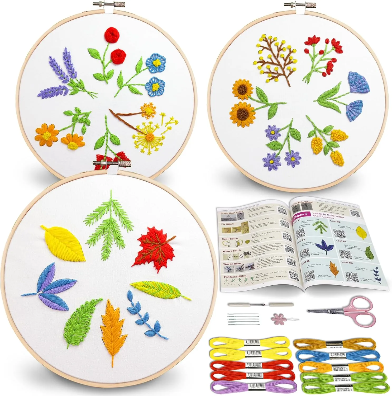 Bradove 3 Sets Leaves and Flowers Embroidery Kit with Embroidery Patterns, Adult Beginner Learn to Embroider Kit, Stitches Kit