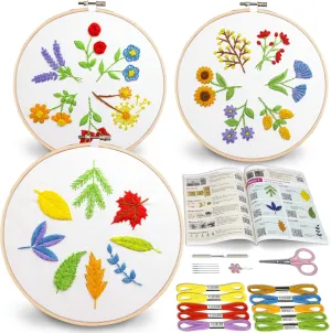 Bradove 3 Sets Leaves and Flowers Embroidery Kit with Embroidery Patterns, Adult Beginner Learn to Embroider Kit, Stitches Kit