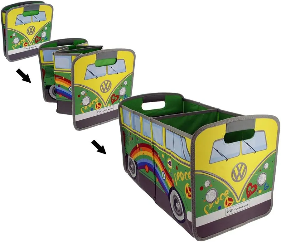 BRISA VW Collection - Volkswagen Foldable Storage Trunk Box Bag for Grocery Shopping in VW T1 Bus Campervan Shape (Peace/Green)