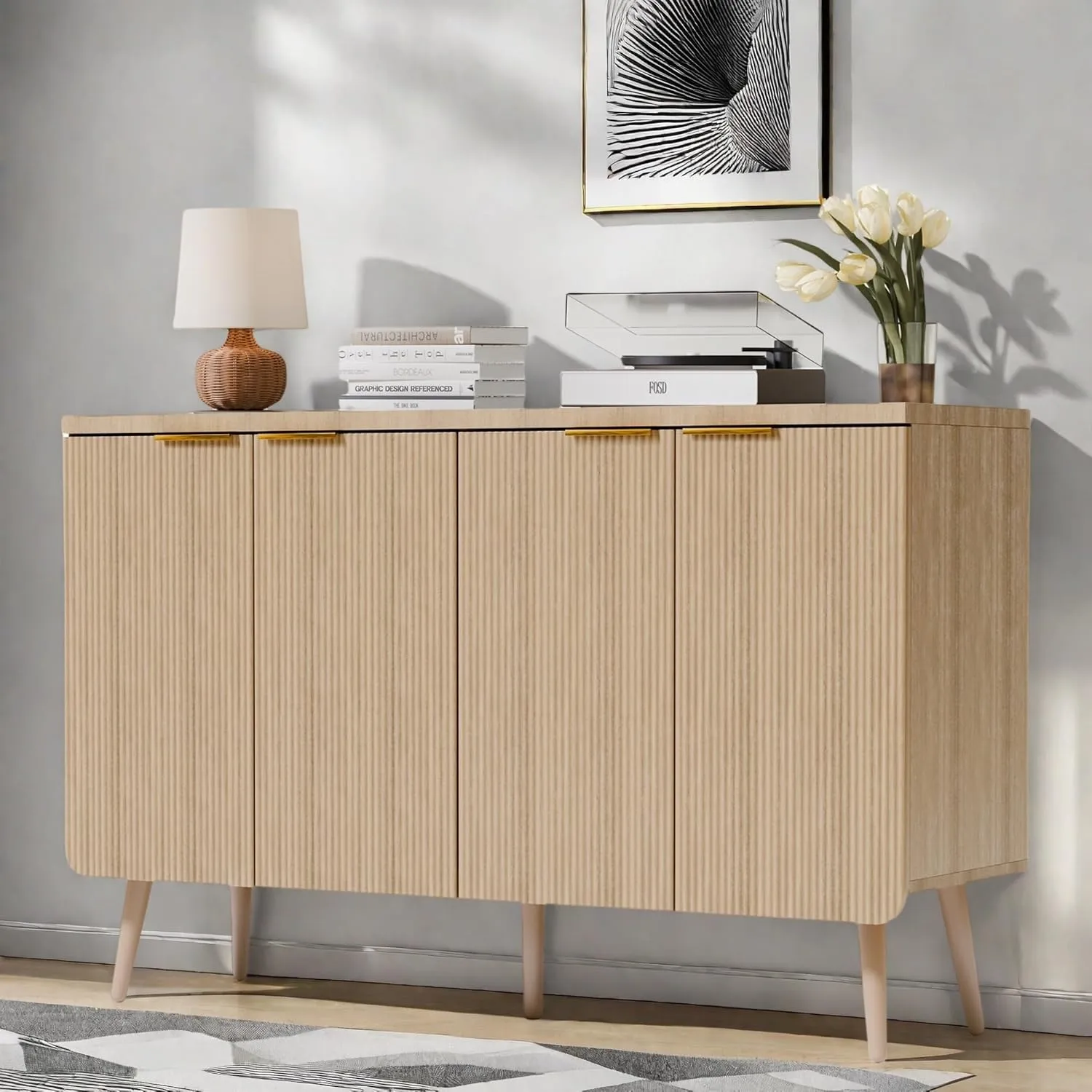 Buffet Cabinet with Storage, Multifunctional Storage Cabinet with 4 Doors, Modern Sideboard Buffet Credenzas for Living Room, Entryway, Hallway, Natual Oak