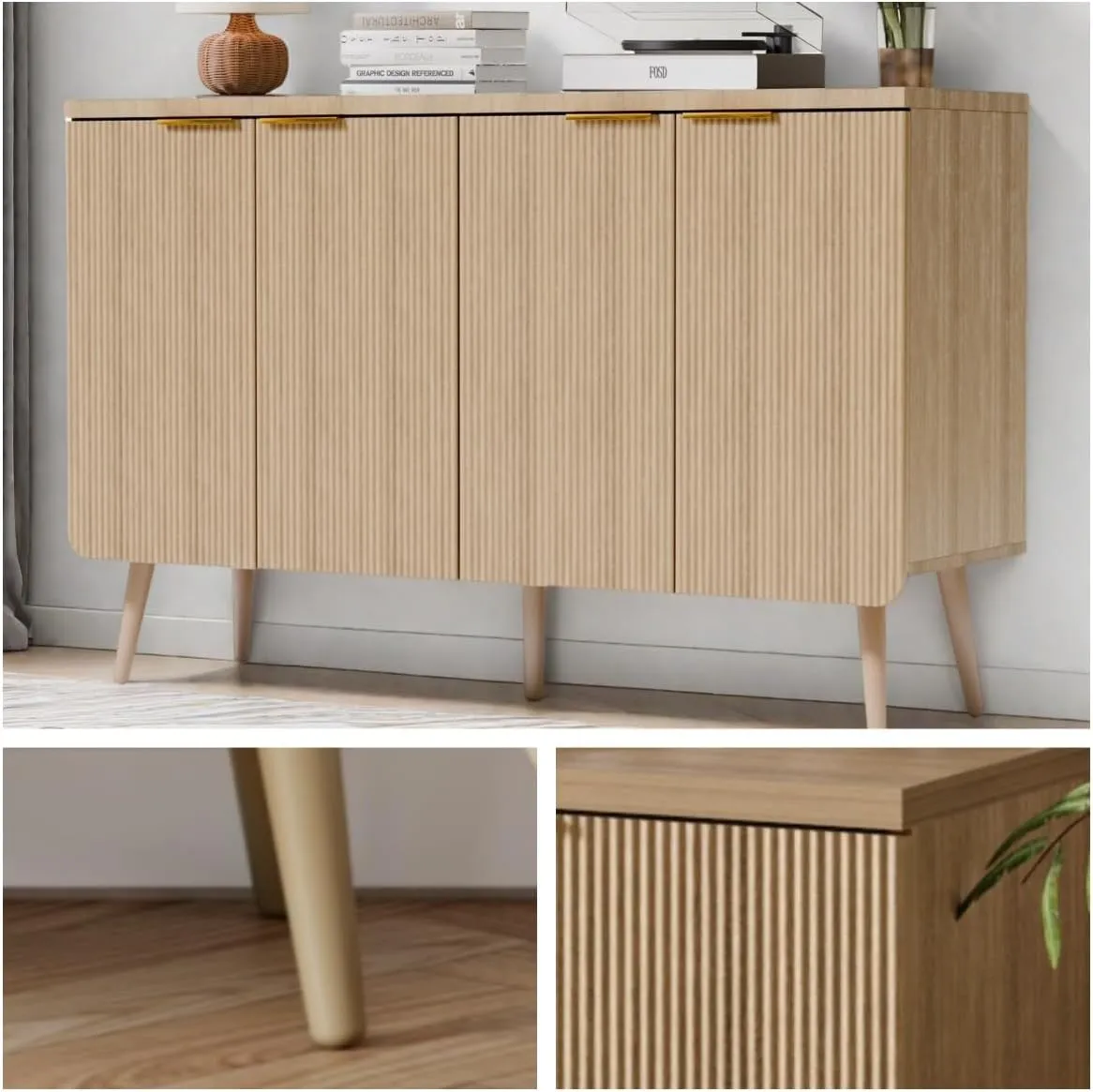 Buffet Cabinet with Storage, Multifunctional Storage Cabinet with 4 Doors, Modern Sideboard Buffet Credenzas for Living Room, Entryway, Hallway, Natual Oak