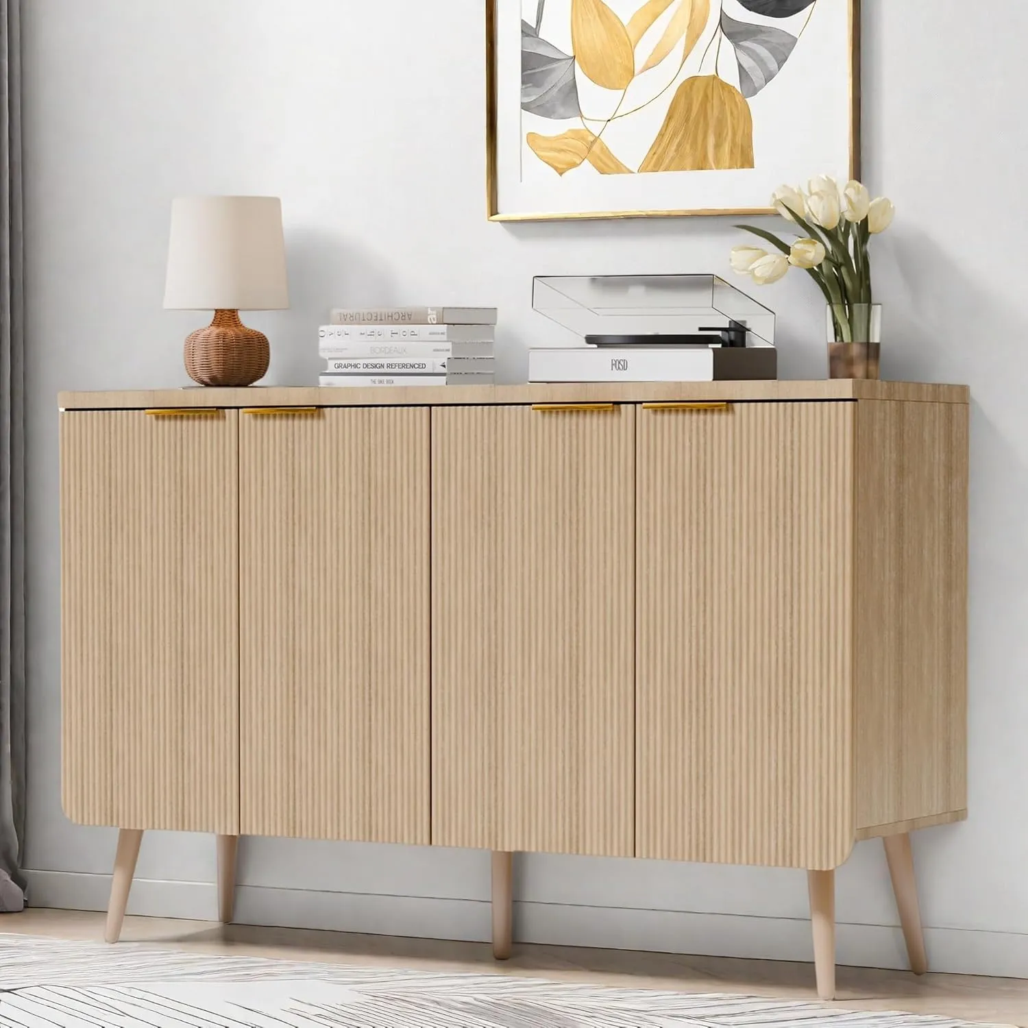 Buffet Cabinet with Storage, Multifunctional Storage Cabinet with 4 Doors, Modern Sideboard Buffet Credenzas for Living Room, Entryway, Hallway, Natual Oak