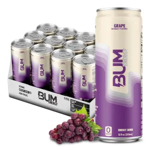 BUM Sugar-Free Energy Drink, Grape - Lightly Carbonated & No Artificial Colors, Natural Caffeine & Citicoline for Energy & Focus, Brain Boost & Workout Sports Beverage - 12 oz, Pack of 12