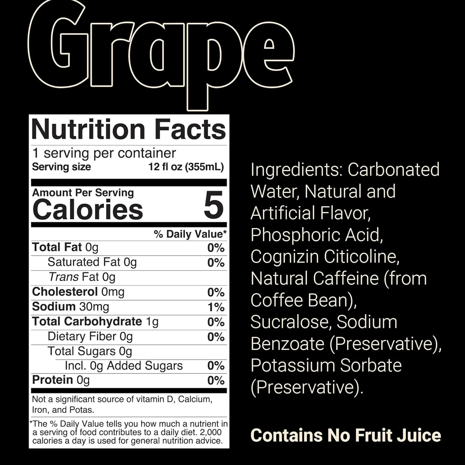 BUM Sugar-Free Energy Drink, Grape - Lightly Carbonated & No Artificial Colors, Natural Caffeine & Citicoline for Energy & Focus, Brain Boost & Workout Sports Beverage - 12 oz, Pack of 12